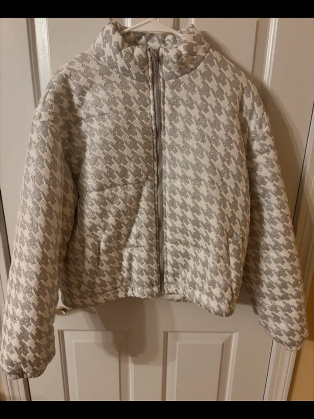 Girls Houndstooth Puffer Jacket - Cream & Gray/Silver